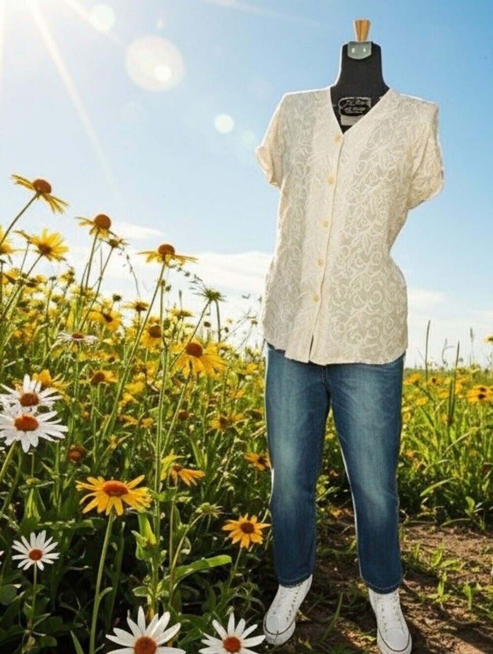 Vintage 80s She Ivory Lace Button-Down Short Sleeve Shirt Size 14